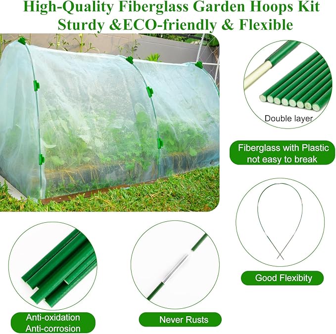 60Pcs Greenhouse Hoops Grow Tunnel Wide, 8FT Rust-Free Fiberglass Support Garden Hoops Kit for Raised Beds Plant Cloth Row Cover Netting-DIY Plant Support Garden Hoop for Netting-40Pcs Clips