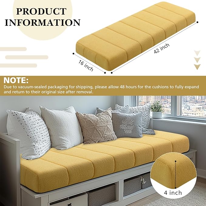 Wenqik Bench Cushion 42x16x4 Inch for Indoor Outdoor Furniture Tufted Thicken Bay Window Seat Cushion Non Slip Waterproof Dining Piano Bench Pad Pillow Anti Cat Scratch for Patio Porch Swing, Yellow
