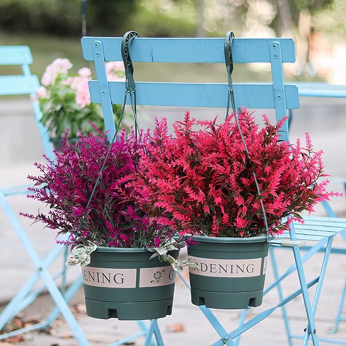 Spring Decoration, Artificial Greenery,Artificial Lavender Flowers Outdoors Fake Shrubs Greenery Plants Indoor UV Resistant Plastic Faux Bouquets for Outdoor Home Garden Porch Decoration(Pink)