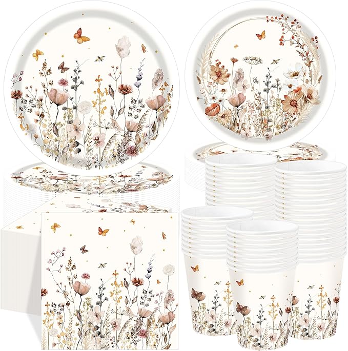 250 Pcs Wildflower Party Decorations Include Boho Autumn Fall Floral Paper Plates Napkins and Cups for Wildflower Baby Shower Tea Decorations, Serve 50 Guest