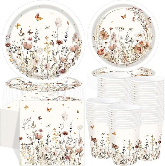 250 Pcs Wildflower Party Decorations Include Boho Autumn Fall Floral Paper Plates Napkins and Cups for Wildflower Baby Shower Tea Decorations, Serve 50 Guest