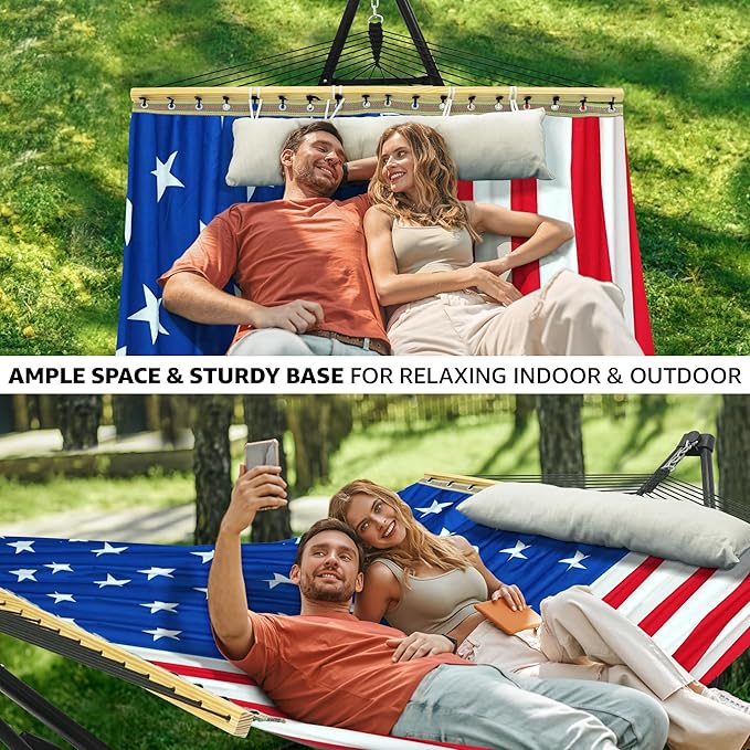 Tranquillo Unity Adjustable Hammock Stand, 800 lbs Capacity Steel Double Hammock Stand for 2 Persons, Premium Pre-Assembled Stand for Indoor Outdoor (American Flag)