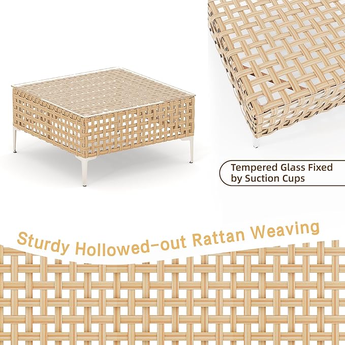 Wicker Small Patio Furinture Set, Rattan Sectional Sofa, Outdoor Couch Set with Comfy All-Weather Cushions and Coffee Table, Perfect for Porch, Backyard, Apartment, Balcony (Yellow/Beige)