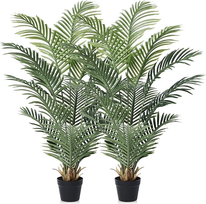 Artificial Palm Tree, 4FT Tall Fake Palm Trees with UV Resistant Leaves, Potted Faux Areca Palm Plant for Indoor Outdoor, Large Floor Plants for Home Living Room Porch Decor, 2Pcs - VN125
