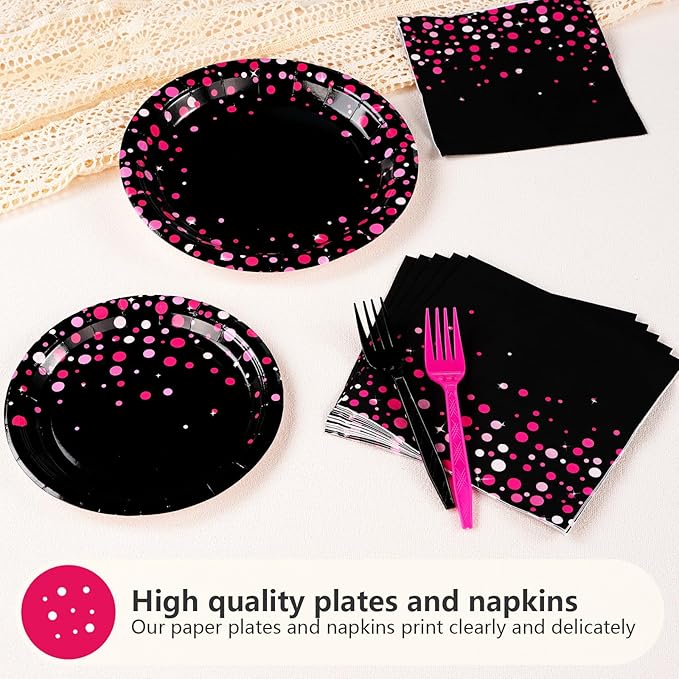 96Pcs Hot Pink and Black Party Supplies Black and Pink Birthday Plates and Napkins Tableware Sets Girls Night Party Decoration for Bachelorette Pajama Wedding Bridal Baby Shower Decorations Serves 24