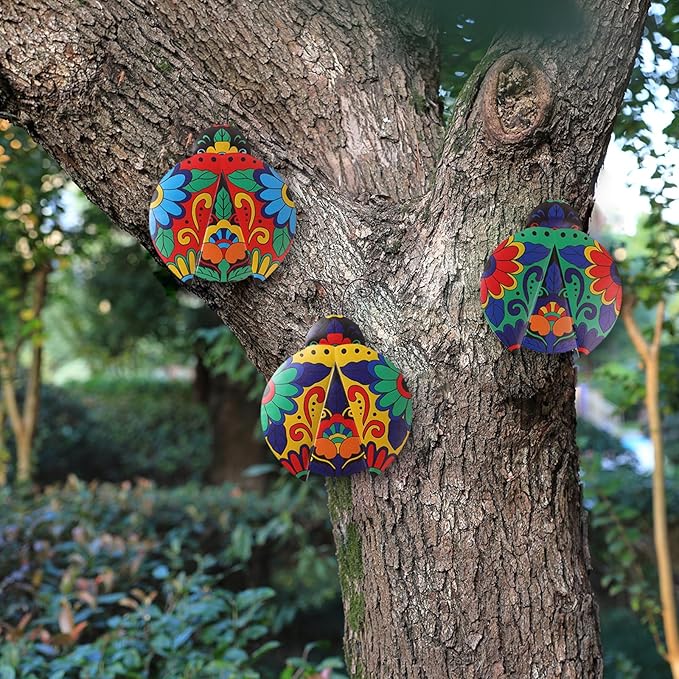 Scwhousi Metal Ladybugs Outdoor Wall Decor,Mexican Pottery Outdoor Decor,Talavera Garden Decoration Hanging for Fence,Yard, Patio,Living Room,Bedroom,Muticolored