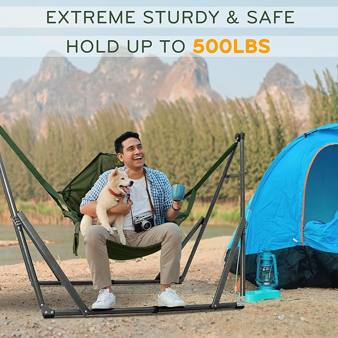 Tranquillo 2 in 1 Hammock and Swinging Chair with Collapsible Steel Stand & Carrying Case, Portable & Adjustable, 30s Set Up for Outdoor, Indoor, Porch Swing, Patio, Garden, Camping Trip, Green