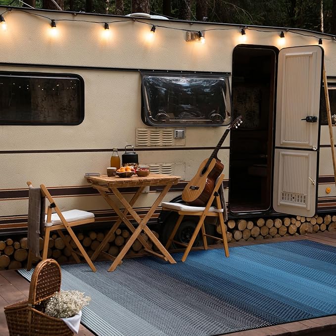 Rugshop Stripe Shade Reversible Crease-Free Waterproof Premium Recycled Plastic Outdoor Rugs for Patio,Backyard,RV,Deck,Picnic,Trailer,Beach,Camping,Sunroom Sky/Blue 5' x 7'