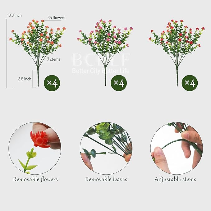 Artificial Flowers for Outdoors, 12 Bundles UV Resistant Realistic Faux Plants for Outside Porch Planter, Spring Summer Home Garden Decoration