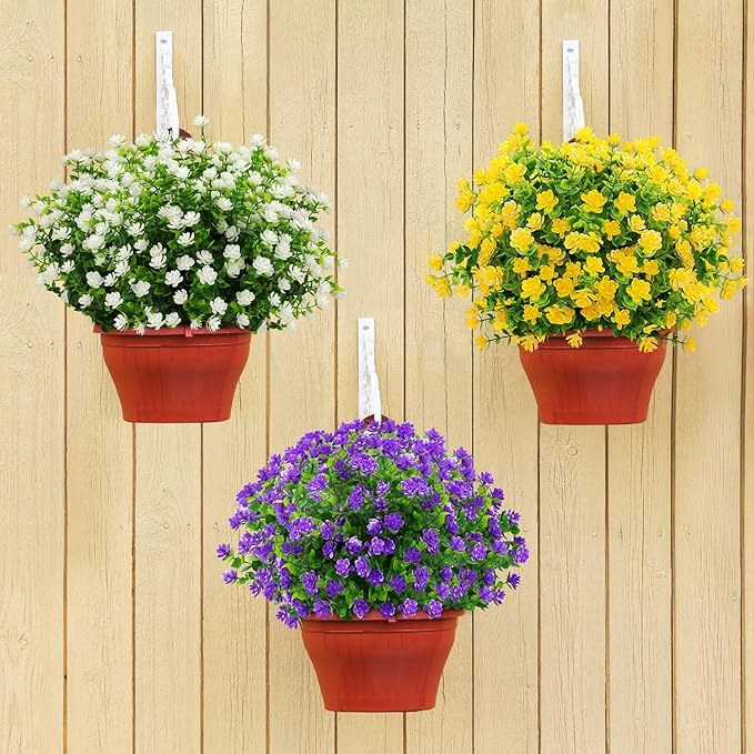 GREENRAIN Artificial Flowers Outdoor Fake Flowers for Decoration UV Resistant No Fade Faux Plastic Plants Garden Porch Window Box Décor (18 Bundles, 2#Yellow)