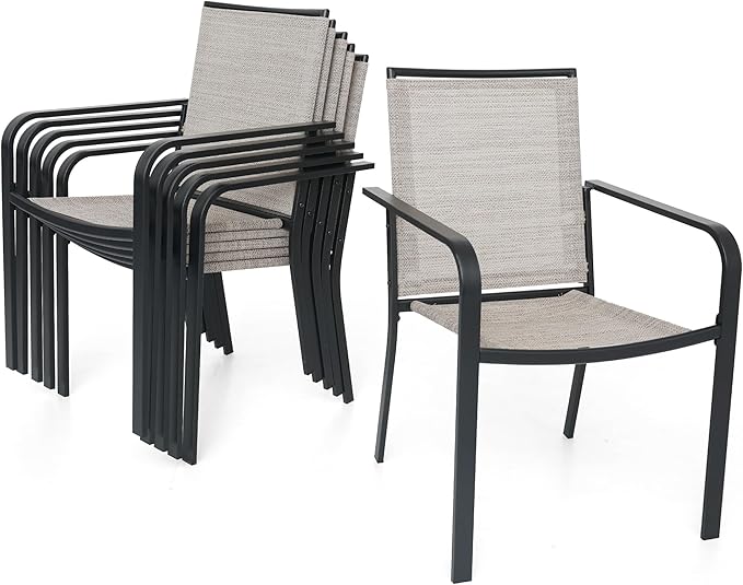 7-Piece Outdoor Dining Set, 48'' Round Table with 6 Stackable Chairs All Weather Furniture Set - Beige Grey