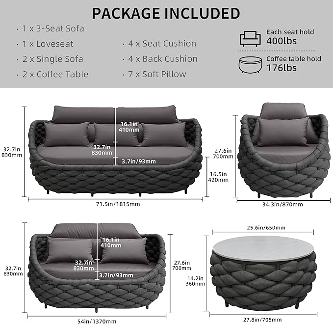 TWT 6-Piece Patio Furniture Set, Modern Outdoor Conversation Set Aluminum Sectional Sofa with Water Repellent Thick Cushions and Coffee Tables, Dark Grey