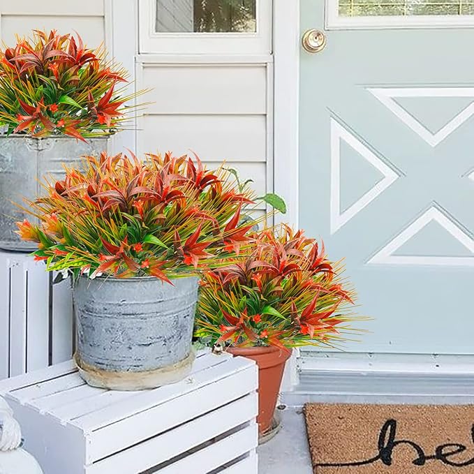 Uieke 16Pcs Outdoor Artificial Plants UV Resistant, Fake Morning Glory Flowers with Orange Grass, Tropical Flowers Fall Leaves Foliage for Garden Patio Sidewalk Décor Red