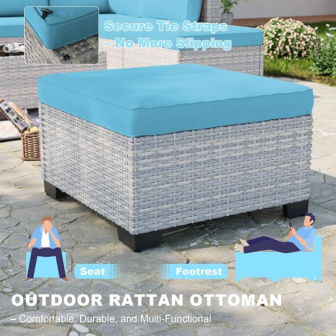 13-Piece Patio Furniture Set, Outdoor Patio Furniture with Swivel Chairs Set, Ottomans, 55,000 BTU Fire Pit Table, Modular Patio Sofa, Dual-Strand Wicker Rattan, Rust-Resistant Frame, Lake Blue