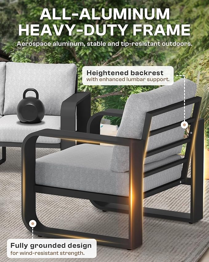 Aluminum Outdoor Patio Furniture Set 4 Piece, Oversized Patio Conversation Sets Widened Armrest & Ultra-Thick Cushions, Deep Seating Modern Sectional Furniture for Backyard, Porch, Gray