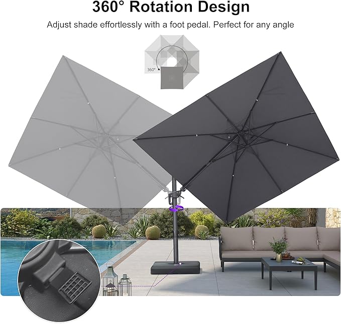 PURPLE LEAF 9' X 12' Swivel Outdoor Patio Aluminum Umbrella with Base Left-right Tilting Cantilever Offset Umbrella with UV Resistant Heavy Duty Fabric for Deck Pool Patio Backyard, Graphite Grey