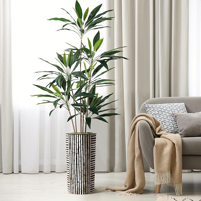 Artificial Tree in Black and Brown Striped Planter, Fake Dracaena Tree Silk Tree for Indoor and Outdoor Home Decoration - 66" Overall Tall (Plant Pot Plus Tree)