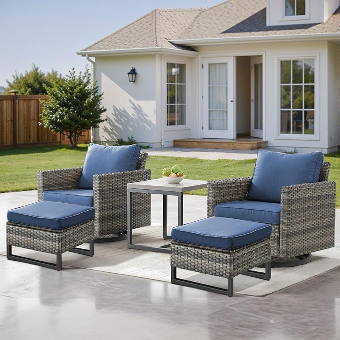 Patio Furniture Set with Swivel Chairs-5 Piece Outdoor Swivel Rocker Patio Chairs with Ottomans Rattan Side Table, Comfy Cushion Outdoor Furniture Set for Porch Deck Garden Backyard(Grey/Blue)