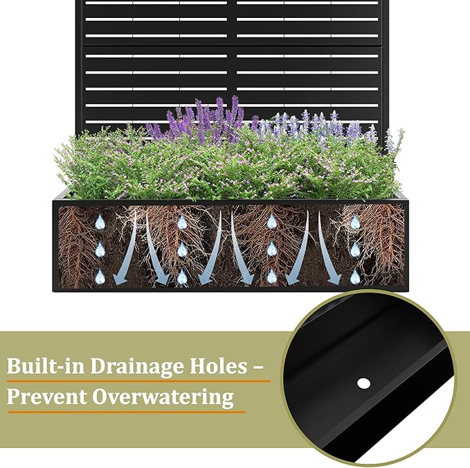 Metal Planter Box with Trellis, Heavy-Duty Raised Garden Bed for Climbing Plants, Drainage Hole, Outdoor Planter Box with Privacy Screen，47''L×16''W×71''H