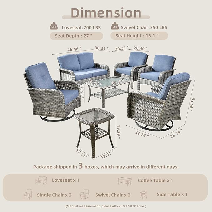 7-Piece Wicker Patio Furniture Set, All-Weather Rattan Conversation Bistro Loveseat Chair and Patio Rockers Set for Backyard, Balcony and Deck with Soft Cushions and Metal Table(Blue)