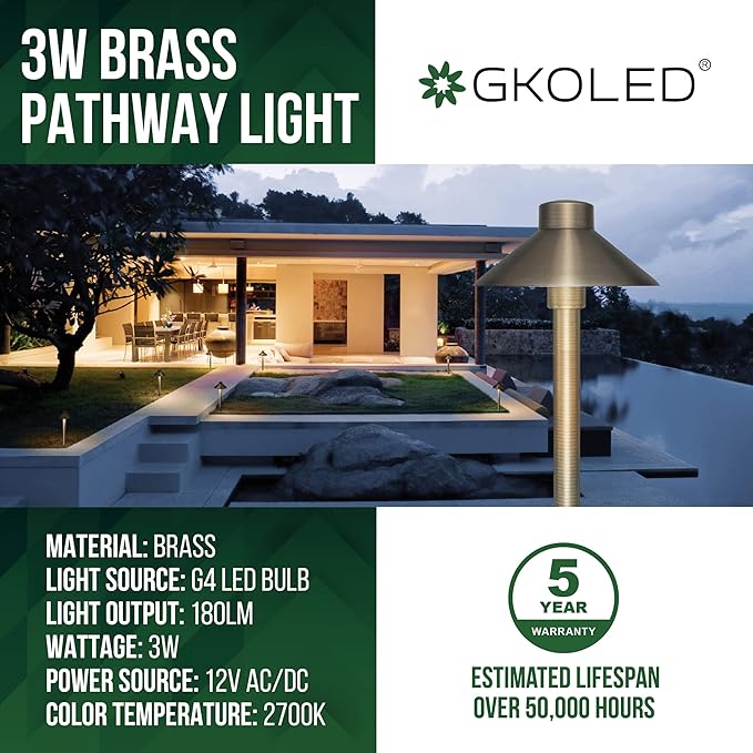 GKOLED Solid Brass Pathway Lights, Low Voltage LED Landscape Path Light, Outdoor Waterproof Accent Lighting, 12V AC/DC, 2700K Warm White, with 3W G4 LED Bulb & Large Rugged Slot Spike, 2 Pack