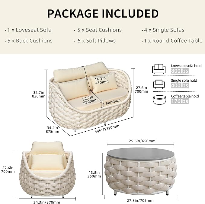 6-Piece Aluminum Patio Furniture Set, Olefin Rope Modern Outdoor Conversation Set Sectional Sofa with Water Repellent Thick Cushions and Coffee Table for Balcony, Garden, Beige