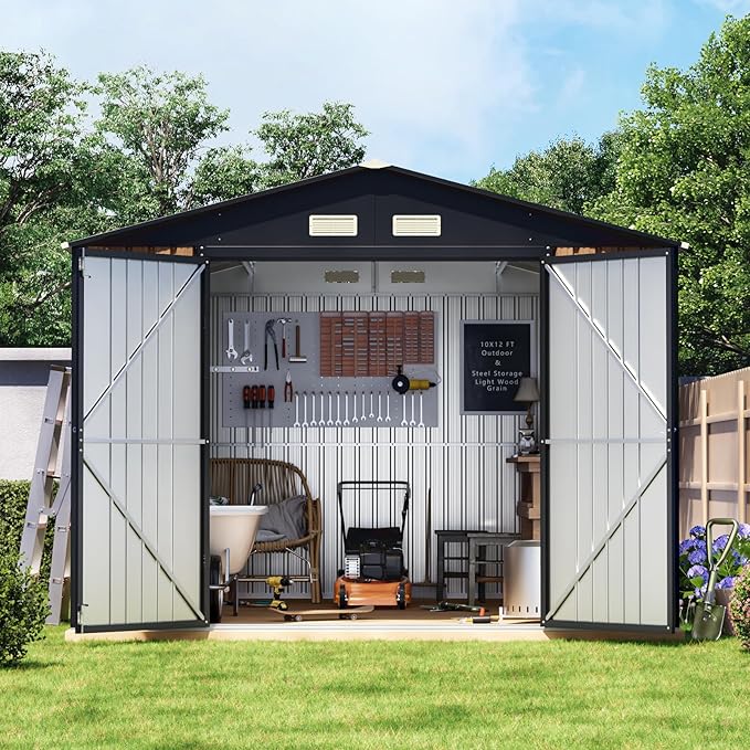 10X12 FT Outdoor Steel Storage Shed with Lockable Doors, 2 Windows, Garden Shed with Metal Frame Floor, Ideal for Backyard, Patio Storage,Chicken Coop(Wood Panels Not Included)