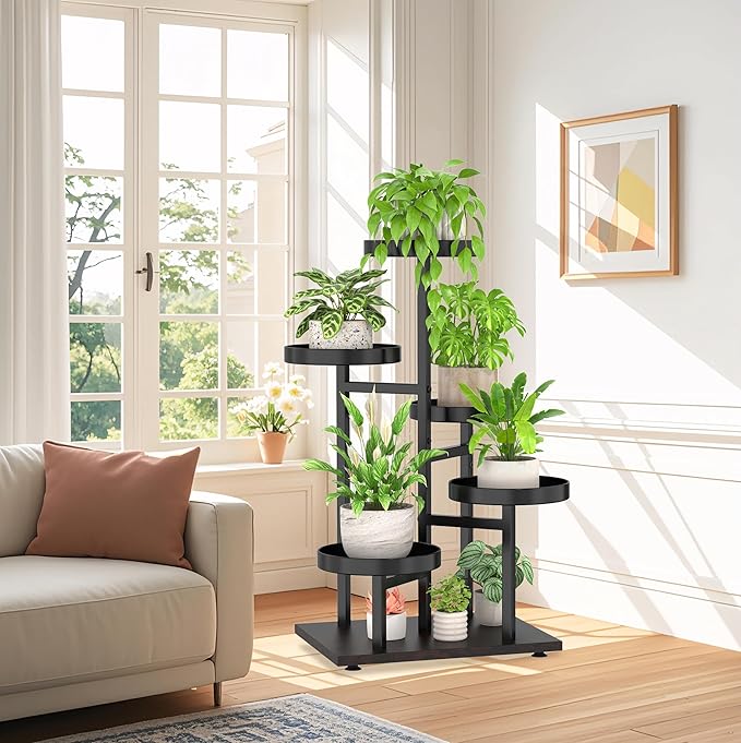 iDavosic.ly 5 Tier Plant Stand Indoor, Tiered Corner Flower Holder Shelf Outdoor, Metal Tall Orchid Display Rack for Patio Porch Garden Balcony Office Bedroom, Black Walnut