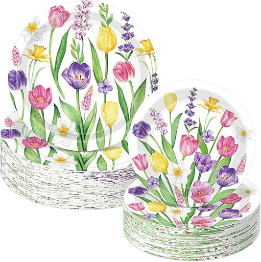 Mumufy 100 Pack Wild Floral Paper Plates Flower Dinner Decoration 9" & 7" Disposable Watercolor Dessert Plates for Wedding Birthday Baby Shower Bridal Tea Party Supplies(Tulip Flowers)