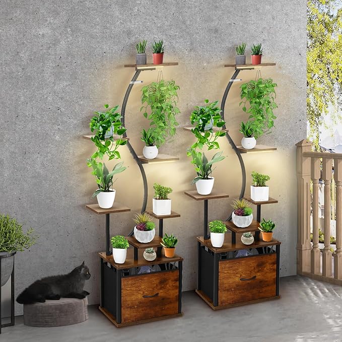 2 Pack Plant Stand Indoor With Grow Lights, 8 Tiered Plant Shelf With Light, 62" Tall Metal Plant Rack, Grow Light Shelf Flower Holder, Stability Upgrade, Heavy-Duty Pipe, Large Fabric Drawer