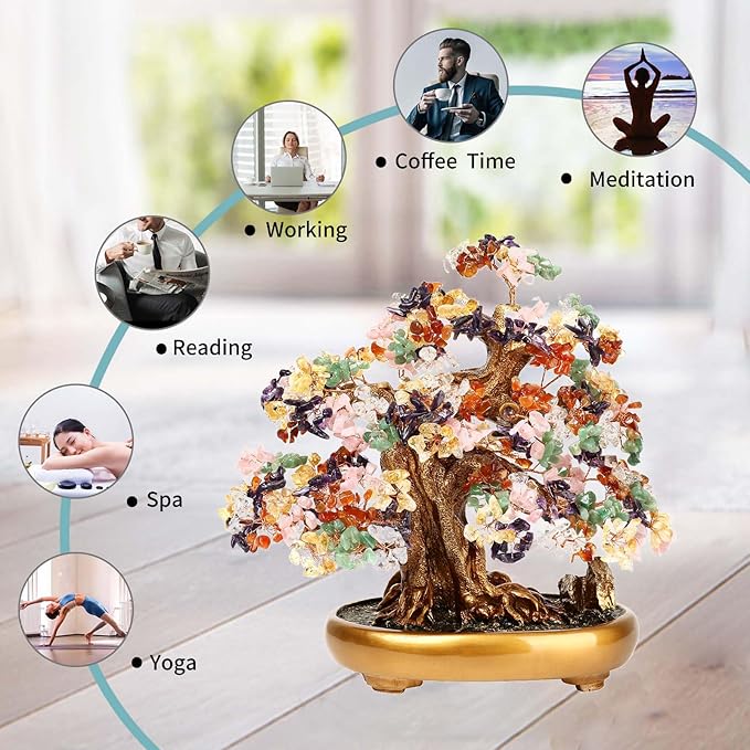 Natural Tree of Life (1,251 Gemstone Count) Crystal Tree with Healing Properties - Bonsai Feng Shui Money Tree for Healing and Luck (7 color) One Size