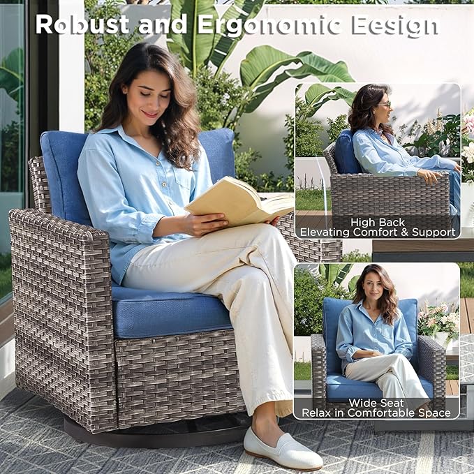 Outdoor Swivel Rocker Patio Chairs-3 Pieces Wicker Swivel Patio Chairs Set of 2 with Matching Side Table, Thick Cushions High Back Outdoor Furniture Set for Deck Porch Balcony(Grey/Blue)