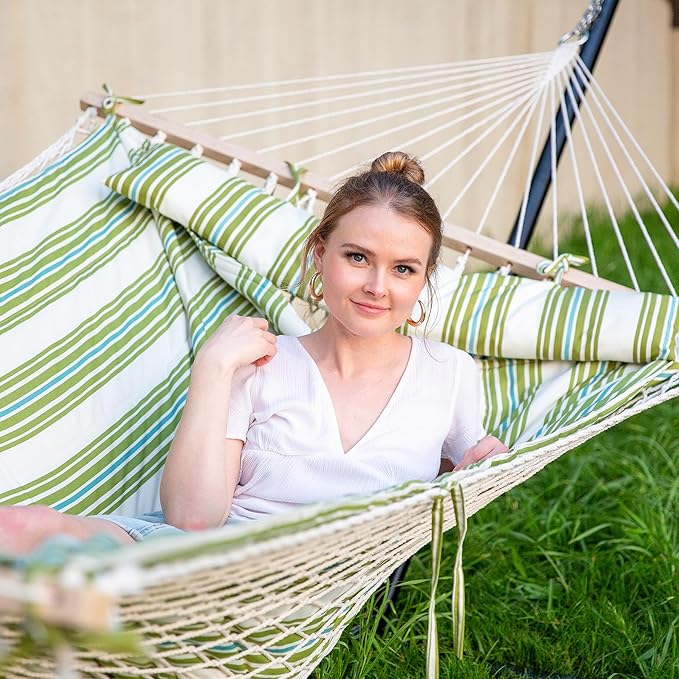 SUNCREAT Cotton Rope Hammock for Two People with Hardwood Spreader Bars, Quilted Fabric Pad & Detachable Pillow, Extra Large Hammock with 12 FT Steel Stand, Ipad Bag & Cup Holder, Green&Beige