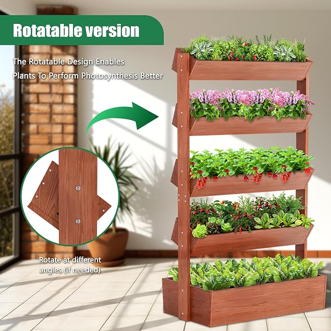 SUNYRISY 5 Tiers Vertical Wooden Raised Garden Bed Outdoor, Freestanding Garden Planter Box Stand for Planting Herbs Flowers Vegetables Outdoor Gardening