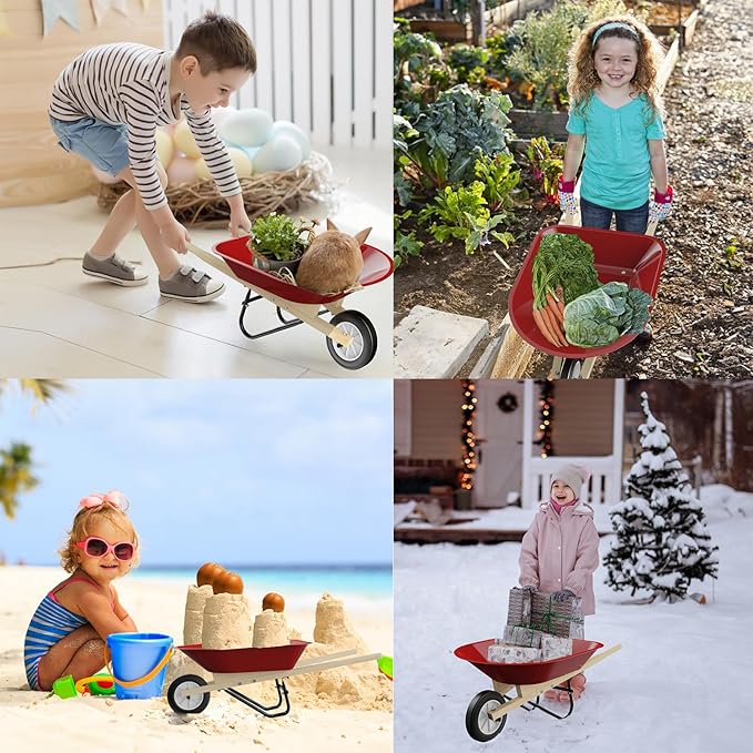 Kids Wheelbarrow Set with Gardening Tools Outdoor Backyard Garden Play for Toddlers Boys Girls 3-8, with Shovel, Rake, Leaf Rake, Easter Birthday Gifts (Wheelbarrow Red Color)