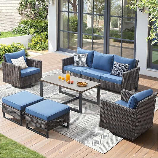 6 Pieces Patio Furniture Set-All Weather Outdoor Swivel Rocker Patio Chairs with 3-Seat Section Couch and Rattan Coffee Table Outdoor Conversation Sets for Garden Backyard Deck(Brown/Blue)