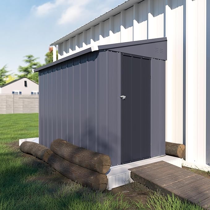 MUPATER Outdoor Storage Shed 4x6 FT, Garden Tool Shed, Metal Lean-to Shed Kit for Backyard Lawn with Lockable Door and Vents, Grey