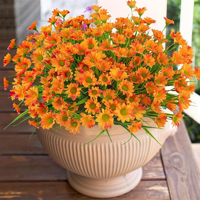 Uieke 24 Bundles Artificial Flowers for Outdoors - UV Resistant Fake Daisy Mums Faux Fall Flowers No Fade for Home Garden Patio Autumn Decor - Orange Yellow