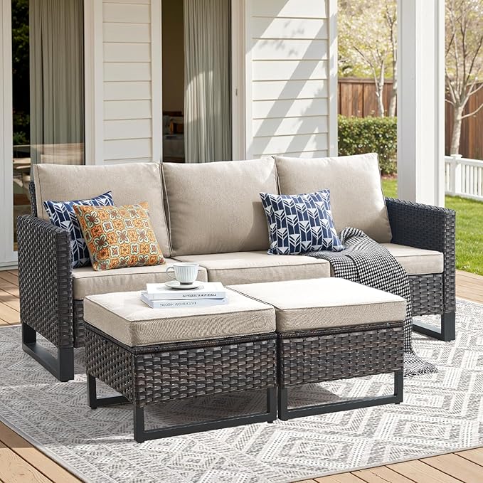 3 Pieces Patio Furniture Sets-All Weather Outdoor Sectional Patio Sofa with Multifunctional Ottomans Thicken Cushion Patio Conversation Set for Deck Porch Balcony(Brown/Beige)