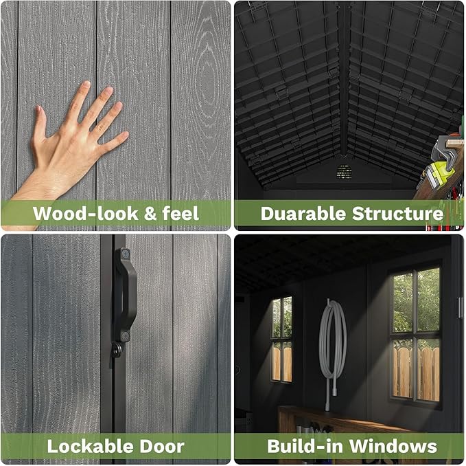 Patiowell 4 x 8 FT Plastic Outdoor Storage Shed with Floor, Garden Tool Shed with Two Windows and Single Lockable Door for Garden, Backyard, Lawn, Easy to Install (Deep Grey) (Fit-it Shed)