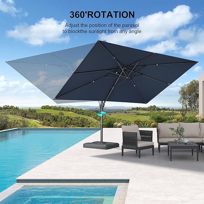 PURPLE LEAF 9' X 11.5' Rectangle Cantilever Umbrella with Base Outdoor Large Aluminum Patio Umbrella with 3-Year Fade Resistance Recycled Fabric and 360-degree Rotation for Deck Pool, Ocean Slate