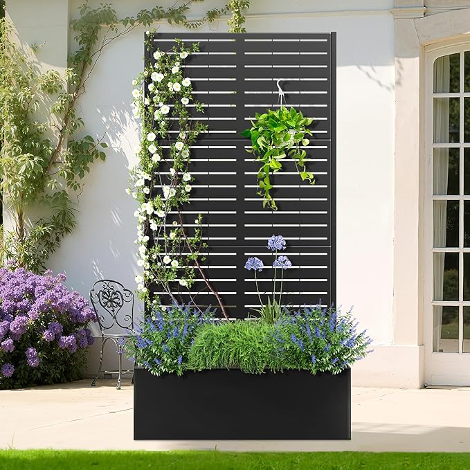 TOAOTBNBO Metal Planter Box with Trellis, Heavy-Duty Raised Garden Bed for Climbing Plants, Drainage Hole, Outdoor Planter Box with Privacy Screen，35''L×16''W×71''H