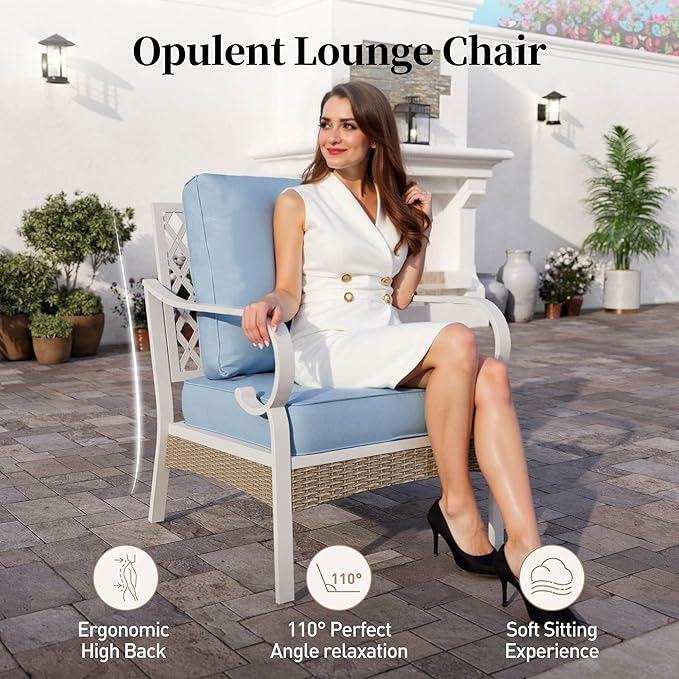 Metal Patio Chairs Set of 2 with 5.75" Extra Thick Cushion, 2 Pieces High Back Outdoor Patio Chairs All Weather White Outdoor Furniture Seating for Deck Backyard Balcony Porch, Blue