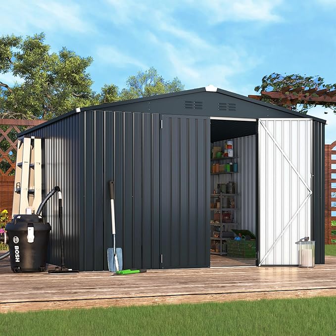 AECOJOY Shed 10'x10' Storage Shed, Large Metal Storage Sheds & Outdoor Clearance, Steel Backyard Shed with Lockable Doors, Utility and Tool Storage for Garden, Patio, Outside Use in Dark Grey