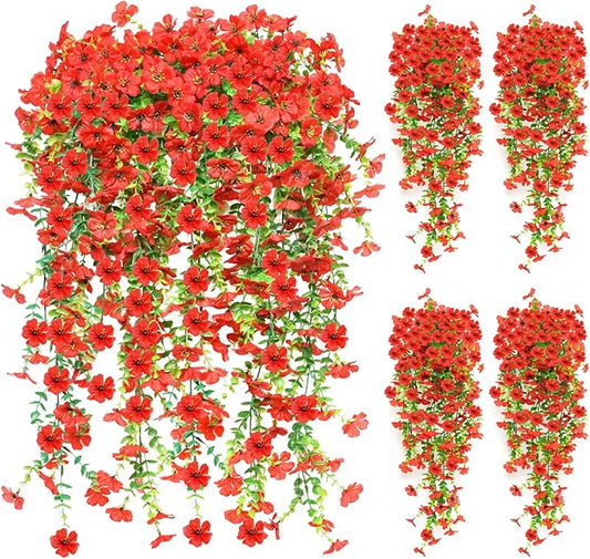 8PCS Artificial Flowers for Outdoors,Hanging Outdoor Faux Plants,UV Resistant Fake Flowers for Outdoor Planters,Realistic Fake Plants Spring Decor for Porch,Patio,Yard (Red)