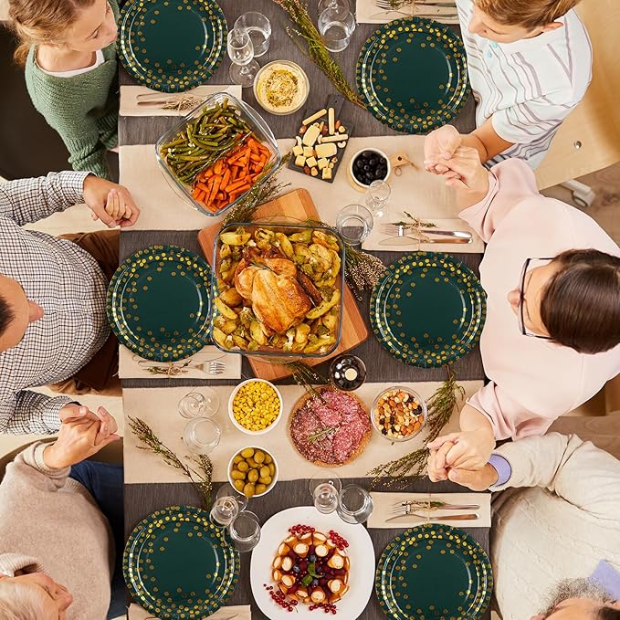75PCS Paper Plates and Napkins Set - Green and Gold Dot Disposable Party Dinnerware Includes Paper Plates, Napkins, Forks Decorations for Father's Day Graduations Birthdays and Weddings, Serves 25