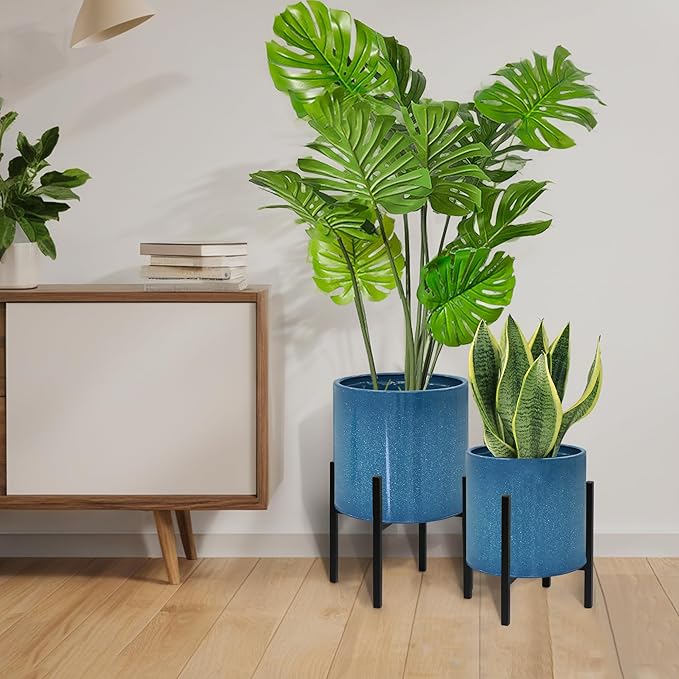 ARNIS Modern Plant Pots, Set of 2 Large Planters with Stand, Decorative Planters, Metal Pots with Drainage Holes for Living Room, Office, Garden or Balcony, 8.25 &10.5 Inch, Blue