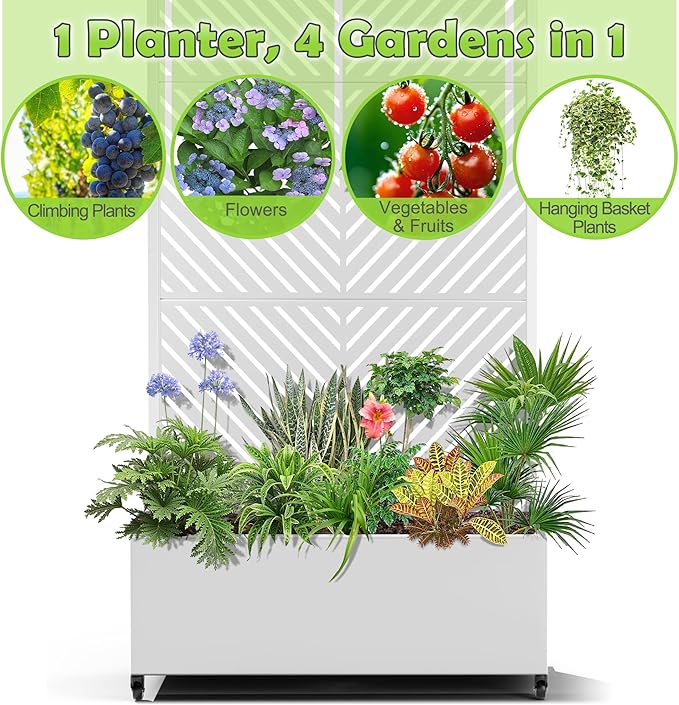 15.7"×70.9"×35.4" Metal Raised Garden Bed with Trellis and Wheels - Tall Trellis Planter Box for Climbing Plants, Vegetables & Vines - Outdoor Privacy Planters for Patio (White-Parallel)