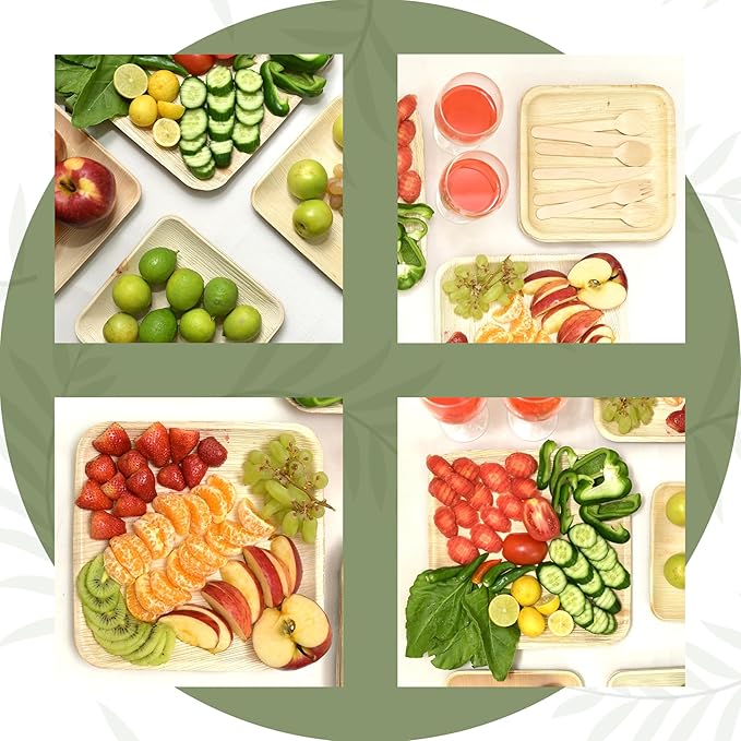 Palm Leaf Plates 48 Sets of 10 Inch & 7 Inch with 48 Each Pcs of Knife, Spoon & Fork, Bamboo Plates Disposable for Appetizers, Biodegradable Wooden Plate for Parties, Catering,BBQ & Large Events