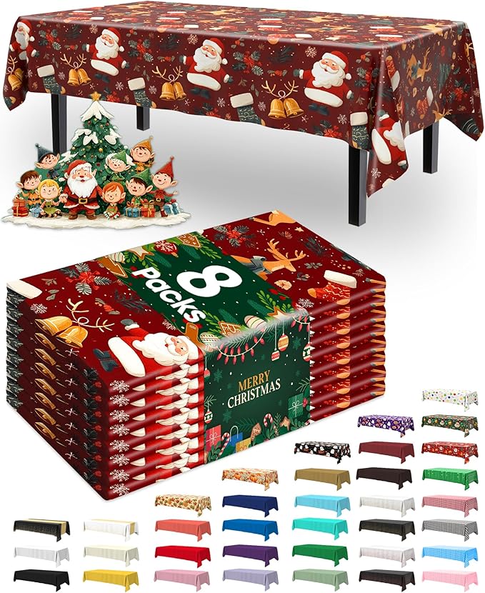 Pureegg Plastic Table Cloth Disposable 8 Pack, 54 x 108 Inch Rectangle Tablecloths, Sturdy Leakproof Plastic Covers for Party, Picnic, Wedding, Winter & Xmas Decoration, Christmas Red